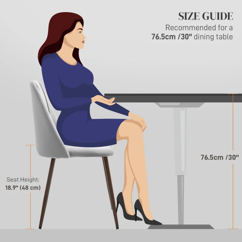 HOMCOM Upholstered Dining Chairs Set of 6, Velvet Accent Chair with Back and Wood-grain Steel Leg for Kitchen, Grey