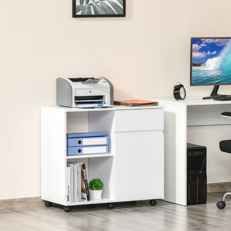 HOMCOM Printer Stand, Storage Cabinet with Drawer, Open Storage Shelves, for Home or Office Use, White