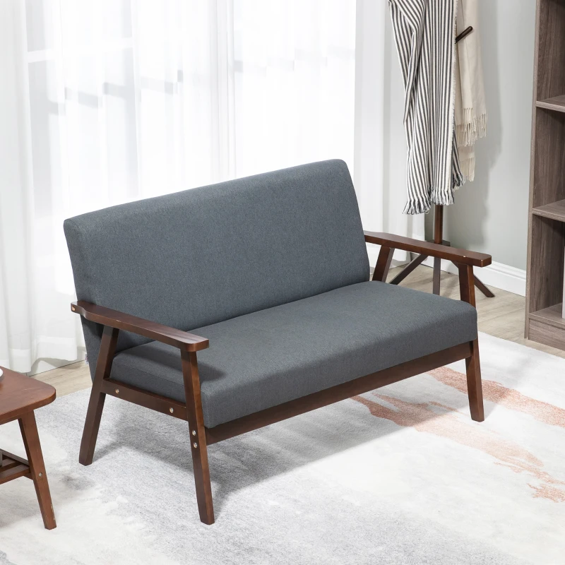 HOMCOM Compact Loveseat Sofa Couch Linen Fabric Double Seat Sofa with Rubber Wood Legs Dark Grey