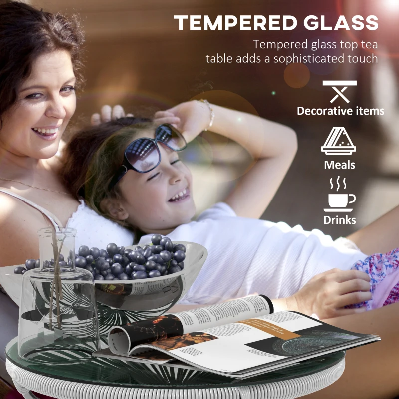 Outsunny Rattan Side Table, Round Outdoor Table, with Round PE Rattan and Tempered Glass Table Top for Patio, Garden, Grey