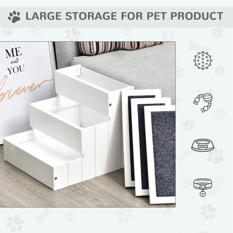 PawHut Pet Steps 3-Step Dog Stairs for Small Dogs Cats and Wooden Ramp with Storage Box Carpet Tread, White