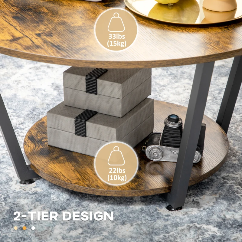 HOMCOM 2-Tier Round Coffee Table with Storage Shelf, Industrial Center Table with Steel Frame for Living Room, Rustic Brown