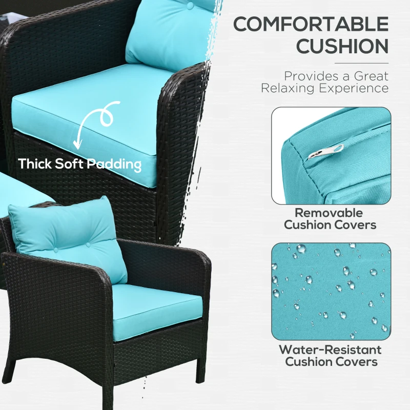 Outsunny 5 Pieces Wicker Patio Furniture Sofa Set Thick Padded Cushions, Outdoor PE Rattan Conversation Coffee Set with Armchairs, Footstools and Glass Top Table, Light Blue