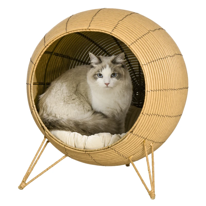 PawHut 20.5" Rattan Cat Bed, Wicker Elevated Round Condo for Comfort and Circulation with Cushion