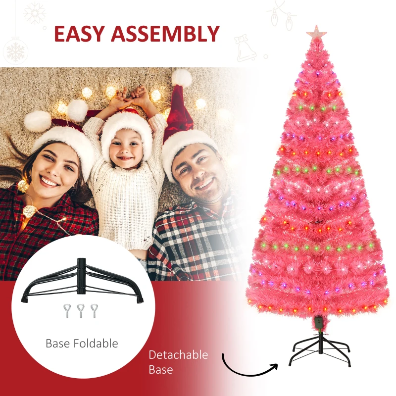 HOMCOM 6ft Tall Fir Artificial Christmas Tree with Realistic Branches, 230 Multi-Color Fiber Optic LED Lights and 230 Tips, Pink