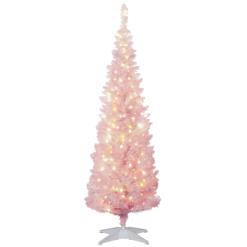 HOMCOM 5ft Pencil Christmas Tree, Slim Artificial Christmas Tree with Snow Flocked Branches and Warm White LED Lights, Pink