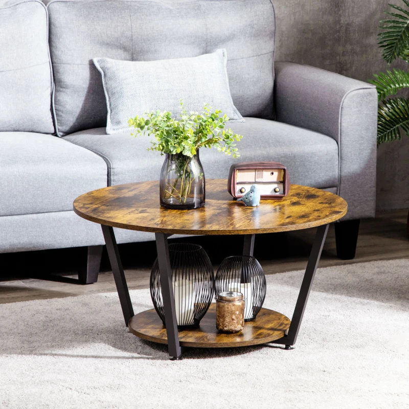 HOMCOM 2-Tier Round Coffee Table with Storage Shelf, Industrial Center Table with Steel Frame for Living Room, Rustic Brown