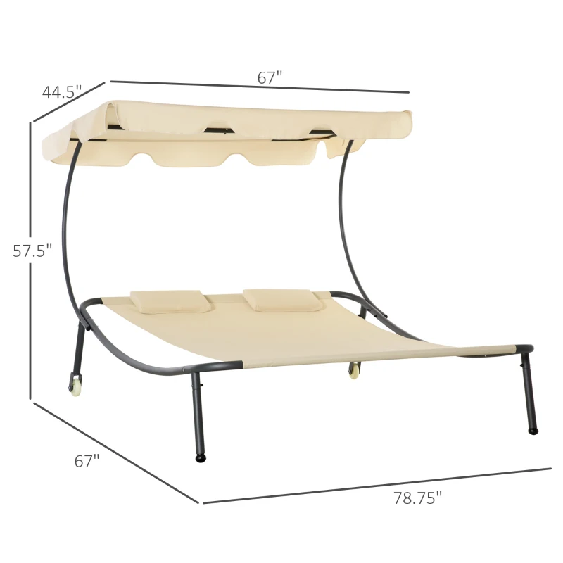 Outsunny Patio Double Chaise Lounge Chair, Outdoor Wheeled Hammock Daybed with Adjustable Canopy and Pillow for Sun Room, Garden, or Poolside, Beige