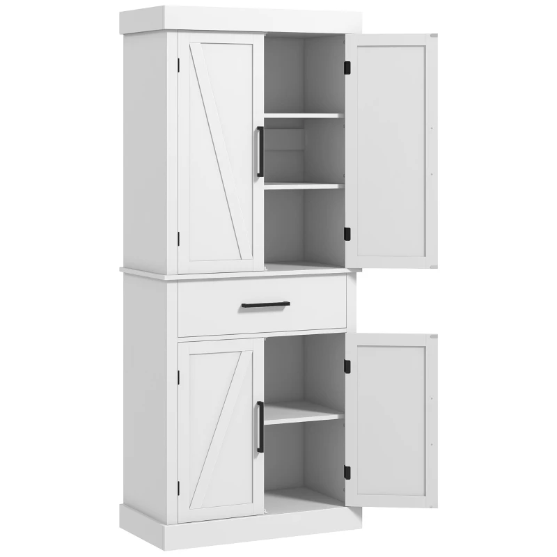 HOMCOM 72" Kitchen Storage Cabinet, Farmhouse Kitchen Pantry Cabinet with 4 Barn Doors, Drawer, Adjustable Shelves, White