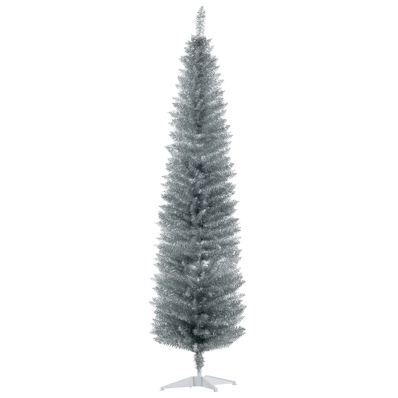 HOMCOM 7FT Decorated Christmas Tree, Pencil Christmas Tree with 499 Realistic Branch Tips and Plastic Stand, Silver