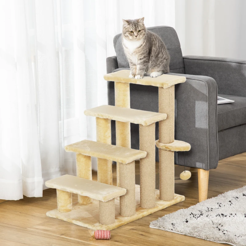 PawHut Cat Tree, Cat Tower Cat Stair Steps with Scratching Post, Hanging Play Ball for High Bed, Sofa, Indoor / Outdoor
