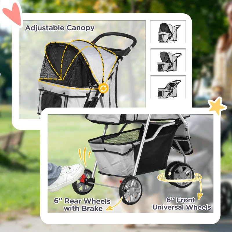 PawHut 3 Wheels Foldable Dog Stroller with Storage Basket, Adjustable Canopy, Cupholder for Miniature and Small Dogs, Grey