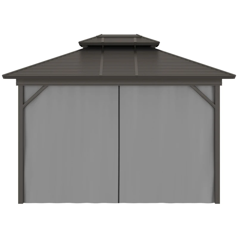 Outsunny 10' x 12' Hardtop Gazebo with Curtains and Netting, Permanent Pavilion Metal Double Roof Gazebo Canopy with Aluminum Frame and Hooks, for Garden, Patio, Backyard, Gray