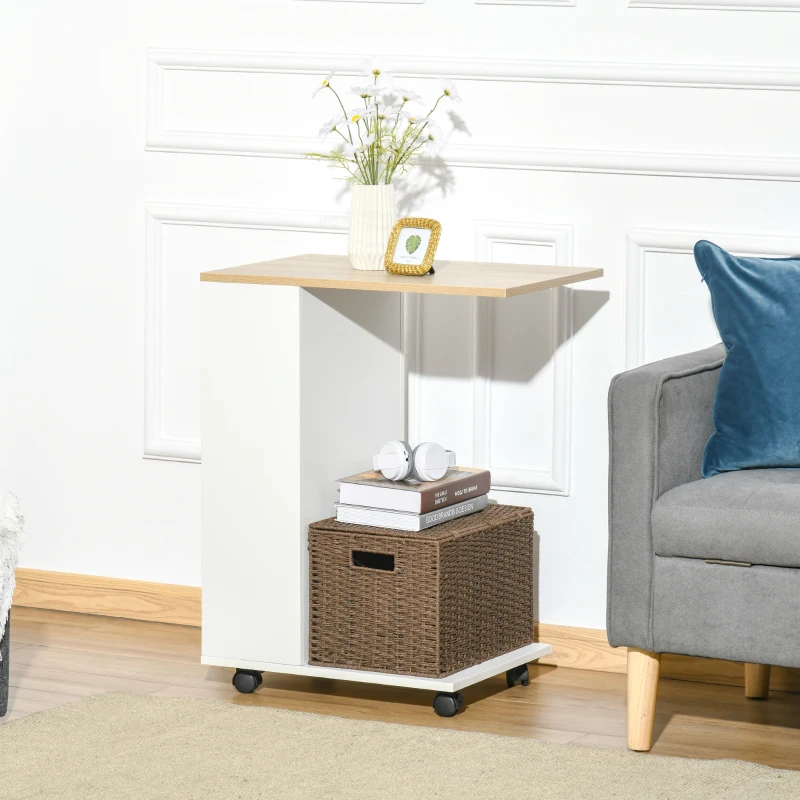 HOMCOM C-Shaped Sofa Side Table Mobile End Table with Storage and Wheels for Living Room,Office, White