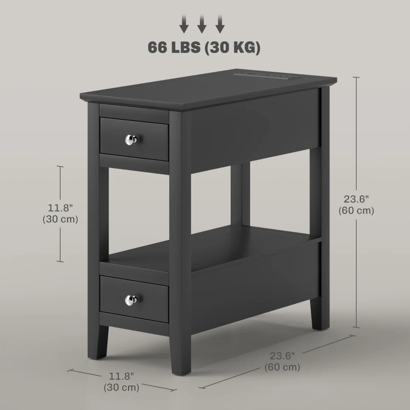 HOMCOM Narrow Side Table with Charging Station, USB Ports, Modern End Table with Storage Shelf, Drawers for Living Room, Black