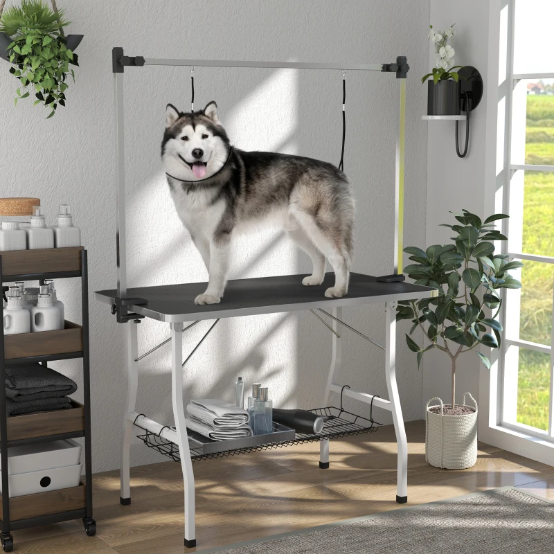 PawHut Foldable Dog Grooming Table with Adjustable Grooming Arms, Storage Shelf, Two Nooses, 42" x 24" x 61", Black