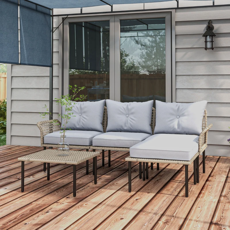 Outsunny 5-Piece Rattan Patio Furniture Set with Sofa, Chaise Lounge, Coffee Table, Footstools, Cushions, Light Gray