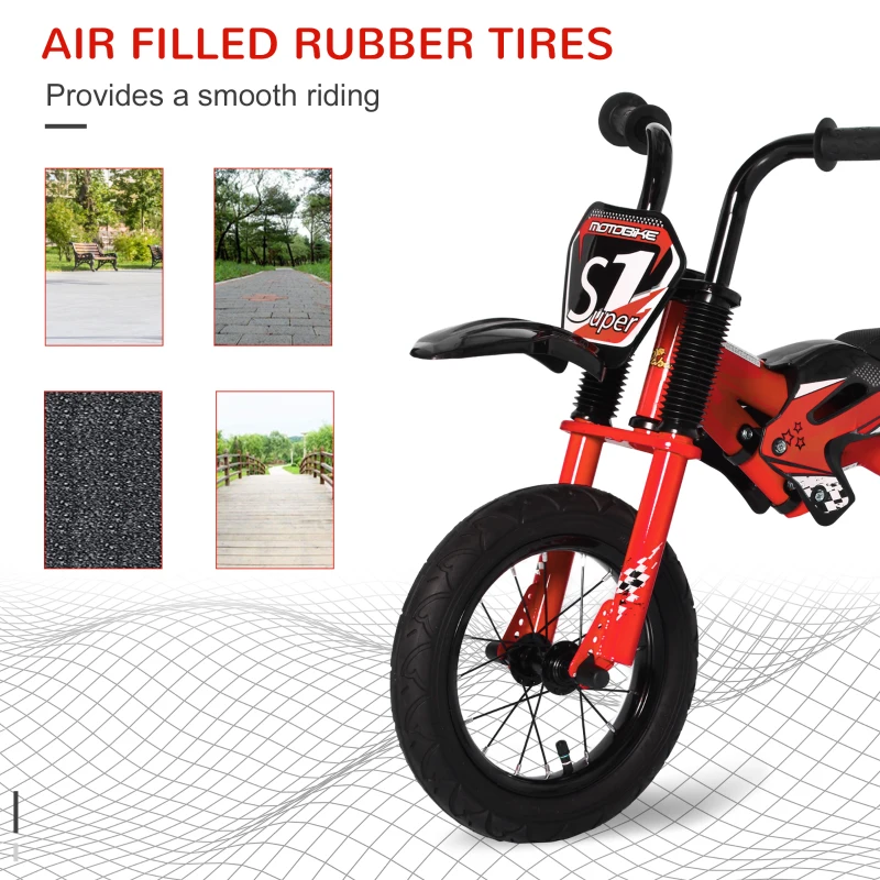 Qaba 12" Kids Balance Bike, No Pedal Training Bicycle, Motorbike Look, Steel Frame, with Air Filled Tires, Handlebar, PU Seat, for 3-6 Years Old, Red