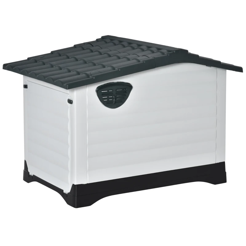 PawHut Plastic Dog House Puppy Kennel Pet Shelter with Raised Base Window Door for Large Medium Dogs Indoor & Outdoor 44"L x 33"W x 31.5"H Grey, White