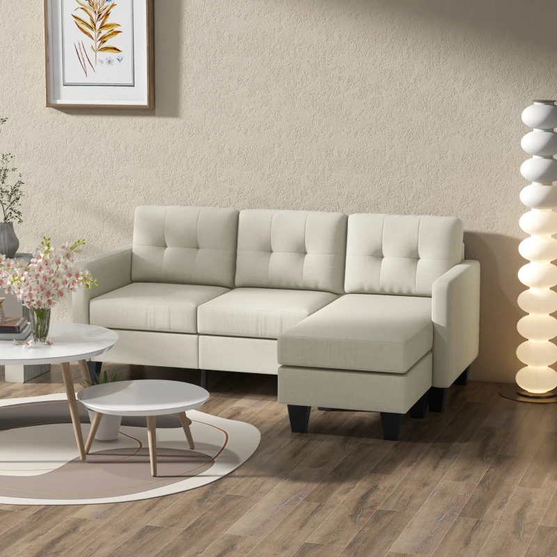 HOMCOM Small Corner Sofa, 3 Seater Sectional Couch with Ottoman, Corner Sofa with Thick Padded Cushion and Wood Legs, Beige