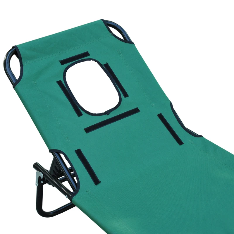 Outsunny Folding Outdoor Lounge Chair, Portable Reclining Beach Lounger with Face Hole, Detachable Pillow, 3-Position Adjustable Backrest, For Patio, Garden, Poolside, Green