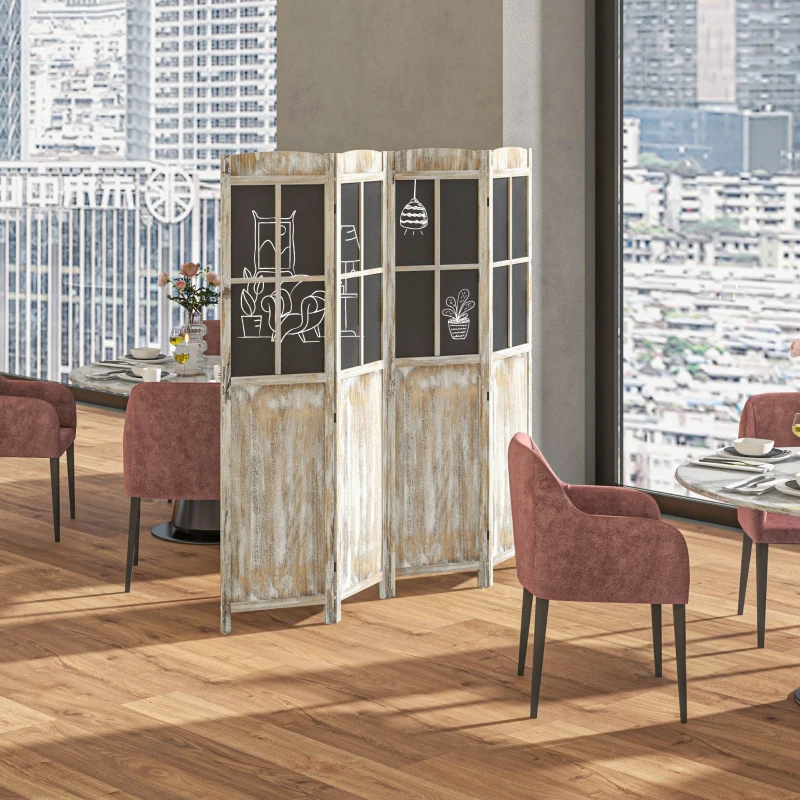 HOMCOM 4 Panel Room Divider, 5.6' Tall Farmhouse Style Folding Indoor Portable Wood Privacy Screen with Black Boards, Hinged Freestanding Partition Wall Dividers for Home Office, Natural