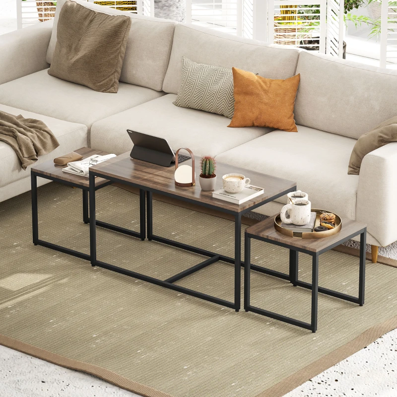 HOMCOM Nesting Coffee Table Set of 3, Modern End Tables with Black Metal Frame for Living Room Home Furniture, Brown