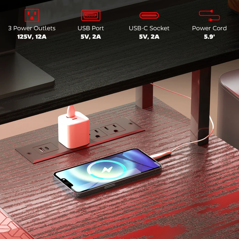 HOMCOM Computer Desk with Power Outlets and LED Lights, 67" Computer Table with File Cabinet and Fabric Drawers, Black