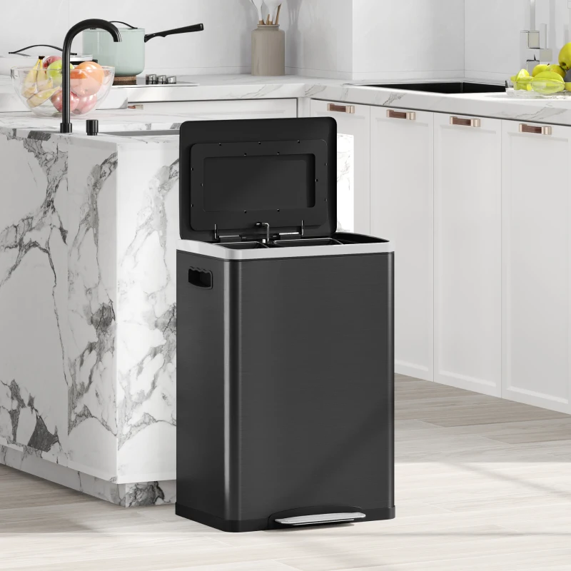 HOMCOM 2 x 20 Liter Garbage Bin, Stainless Steel Garbage Can with Soft-Close Lid and Removable Inner Buckets, Black