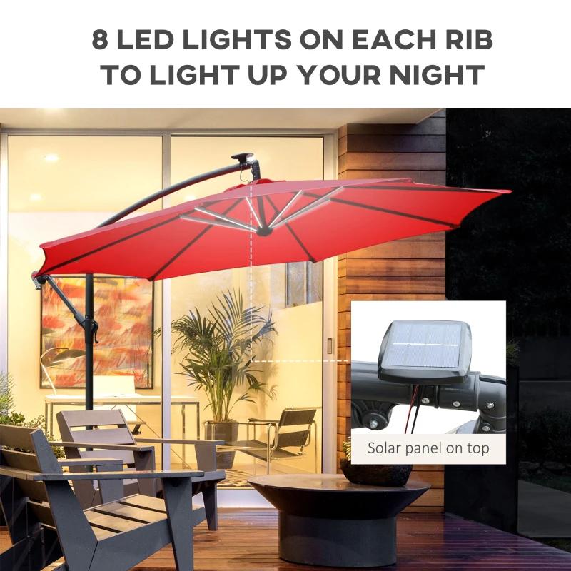 Outsunny 10ft Cantilever Solar Hanging Offset Umbrella Outdoor LED Lights Aluminum Market Banana Parasol Crank w/ Cross Base Garden Sun Shelter Red