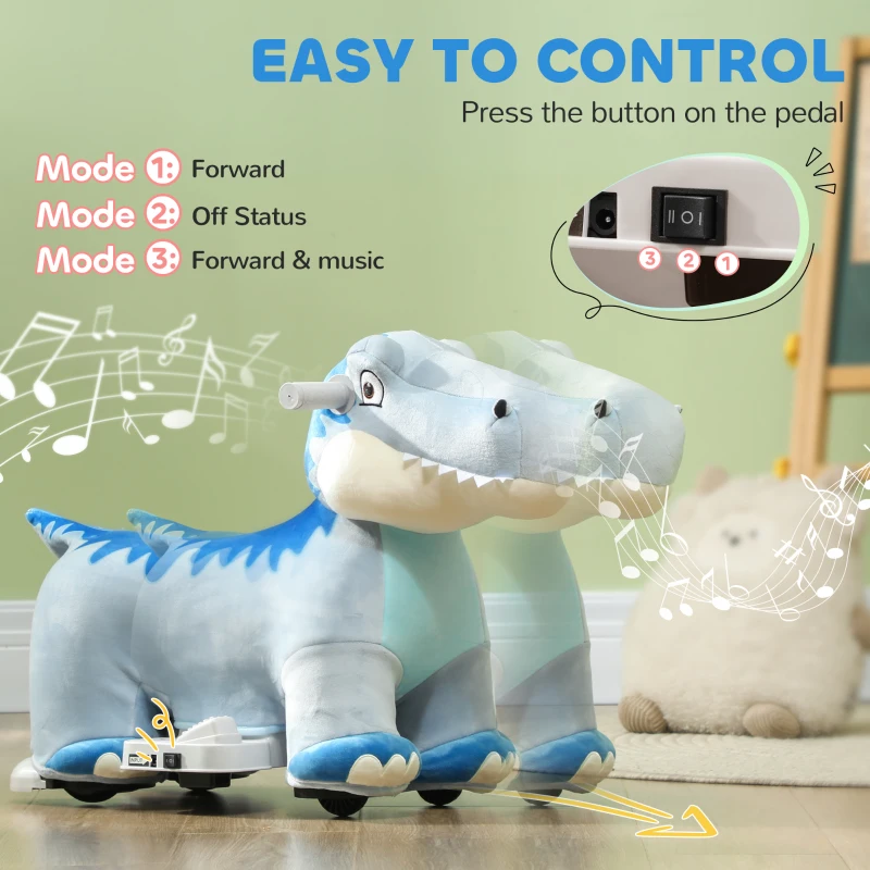 Qaba 6V Kids Electric Ride on Animal Tyrannosaurus with Music Forward for Aged 18-36 Months, Blue
