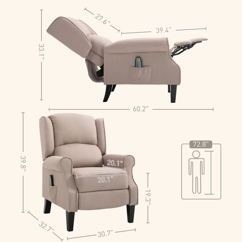 HOMCOM Vibration Massage Recliner Chair for Living Room with Heat,  Wingback Single Sofa, Modern Linen Fabric Push Back Reclining Chair with Footrest, Side Pocket, Dark Beige