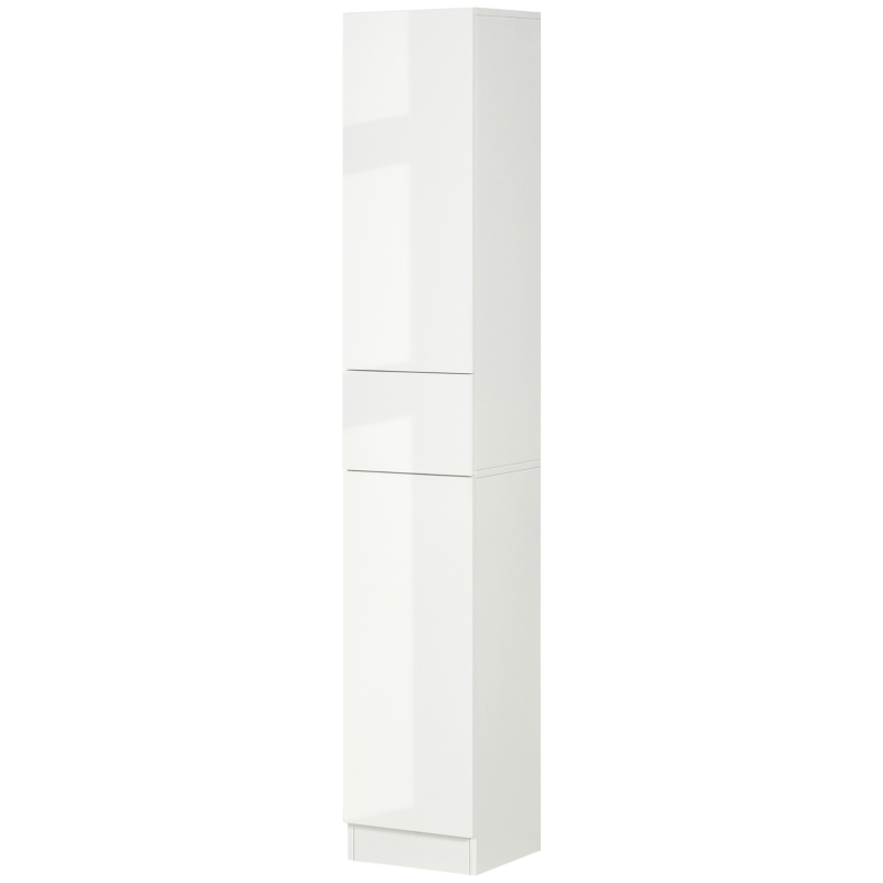 kleankin Tall Bathroom Cabinet, Narrow Bathroom Storage Cabinet with Doors, Drawer and Adjustable Shelves, High Gloss White