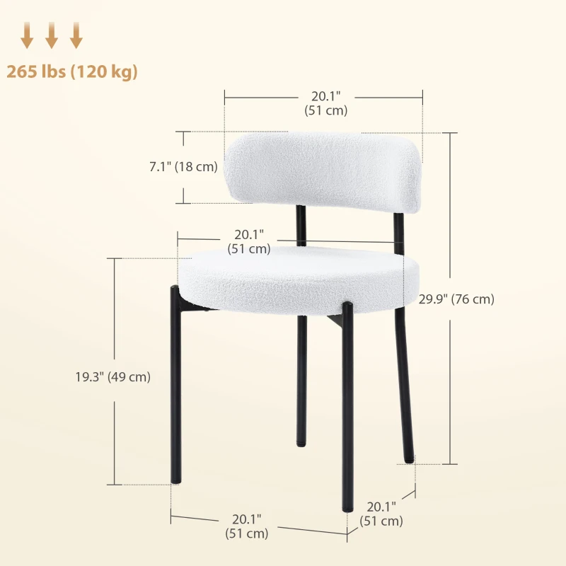 HOMCOM 2 Pieces Kitchen Chairs, Modern Dining Chairs w/ Berber Fleece Upholstery and Steel Legs for Living Room, Cream White