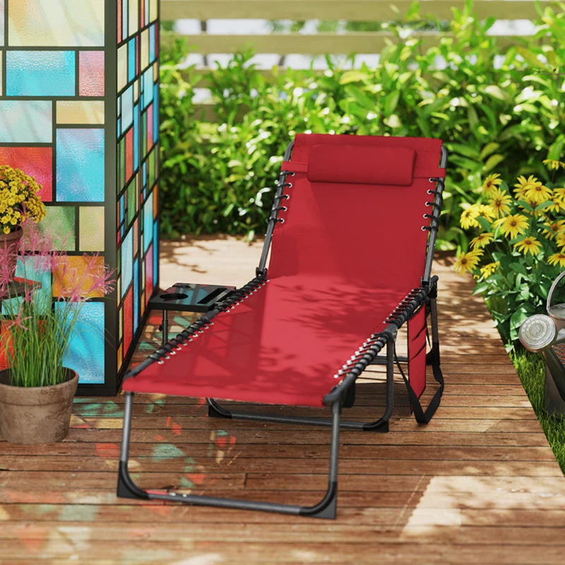 Outsunny Outdoor Folding Lounge Chair, Reclining Chaise Lounge Tanning Chair with Adjustable Back, Side Table, Headrest, Red