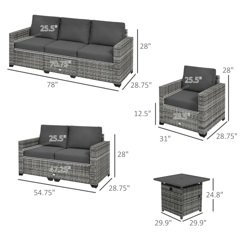 Outsunny Patio Furniture Set, Cushions, Sofa, Loveseat, Fire Pit Table, Gray