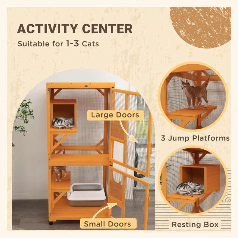 PawHut Large Cat House for 1-3 Cats on Wheels Wooden Catio Enclosure Orange