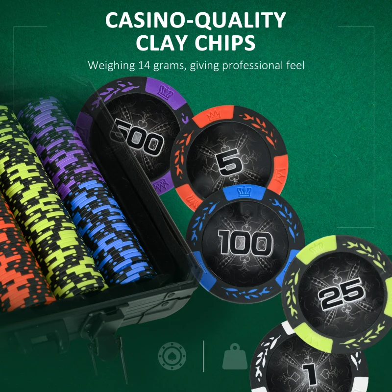 Soozier 300PCs 14 Gram Clay Poker Chips Set Casino Poker Chips with Aluminum Case, Playing Cards, Dealer Button, 5 Dices