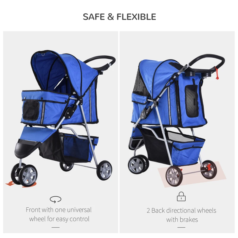 PawHut 3 Wheels Foldable Dog Stroller with Storage Basket, Adjustable Canopy, Cupholder for Miniature and Small Dogs, Blue