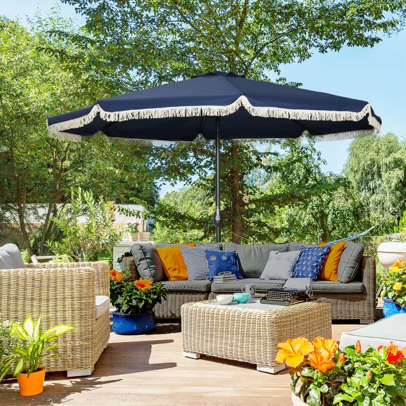 Outsunny 9ft Patio Umbrella Outdoor Table Umbrella w/ Tilt, Crank, Ruffled, 8 Ribs for Garden, Deck, Pool, Dark Blue