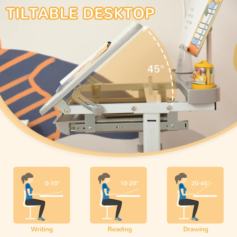 Qaba Kids Desk and Chair Set Height Adjustable Student Writing Desk Children School Study Table with Tilt Desktop, Grey
