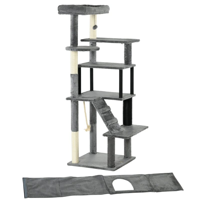 PawHut Cat Tree for Large Cats Adult, 58" Tall Cat Tree with Scratching Posts, Large Cat Tower for Indoor Cats with Bed, House, Toys, Grey