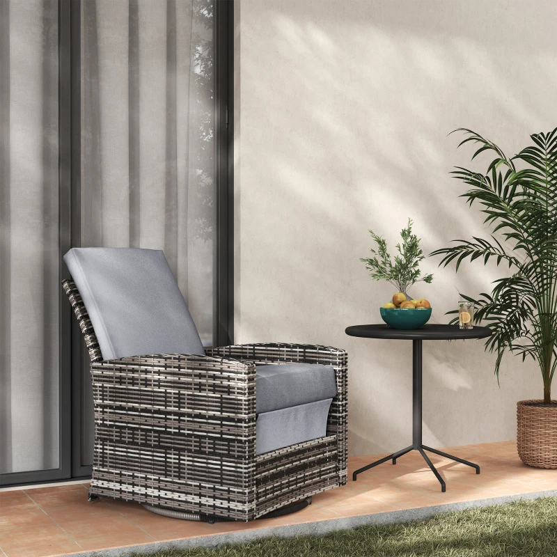 Outsunny Outdoor Wicker Swivel Recliner Chair, Reclining Backrest, Lifting Footrest, 360° Rotating Basic, Water Resistant Cushions for Patio, Gray