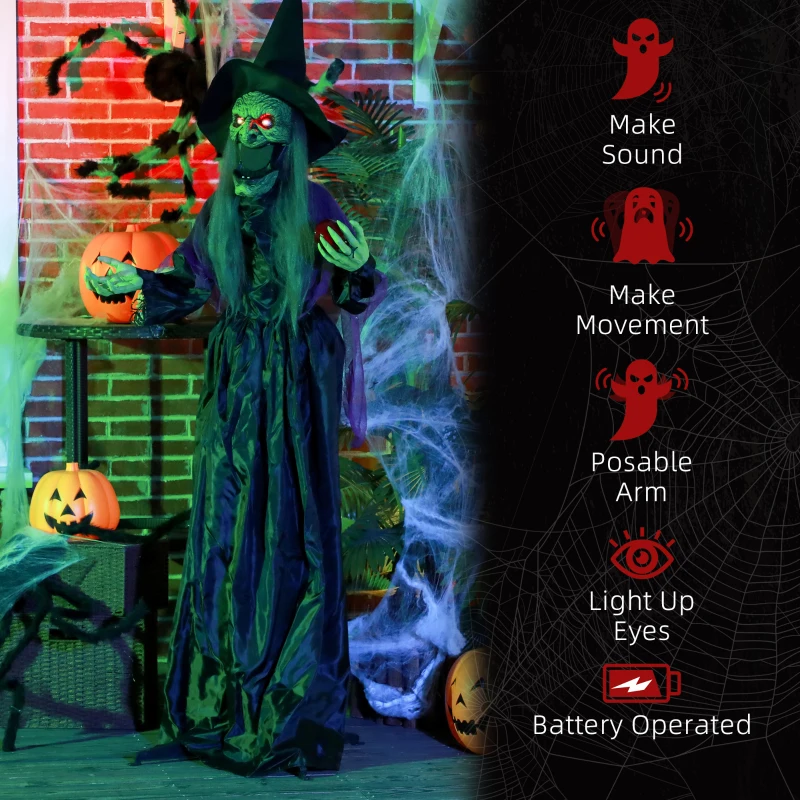 HOMCOM 5.9' Life Size Decoration Animatronic Old Witch Outdoor Halloween, Sound and Motion Activated w/ Light Up Eyes