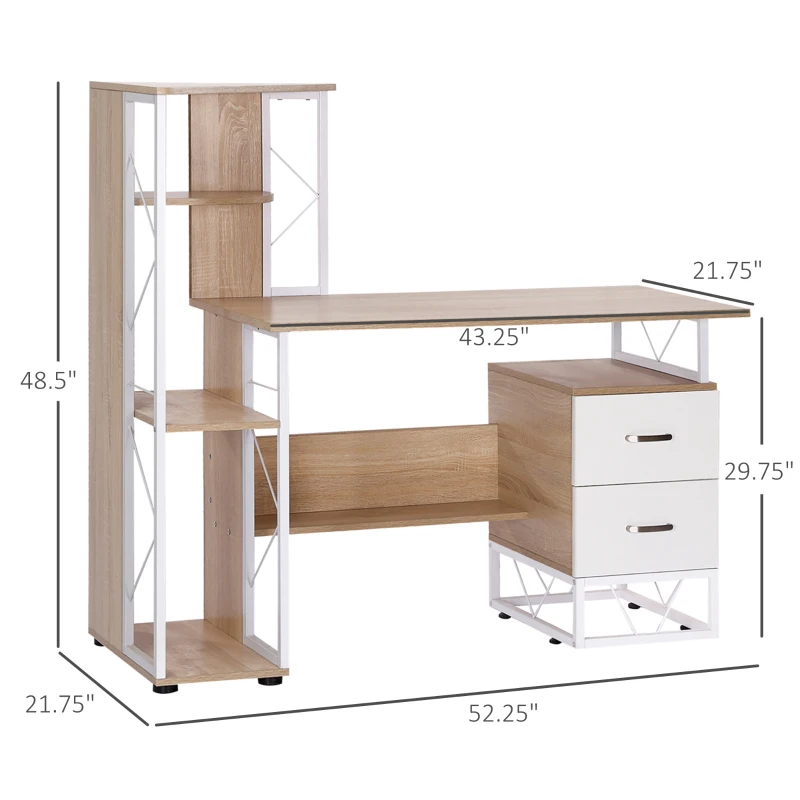 HOMCOM 52" Modern Computer Desk with Storage Shelves and Drawers, Home Office Desk, Study Workstation with CPU Stand, Oak