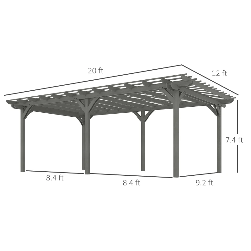 Outsunny 12' x 20' Outdoor Pergola, Wood Gazebo Grape Trellis with Stable Structure for Climbing Plant Support, Gray
