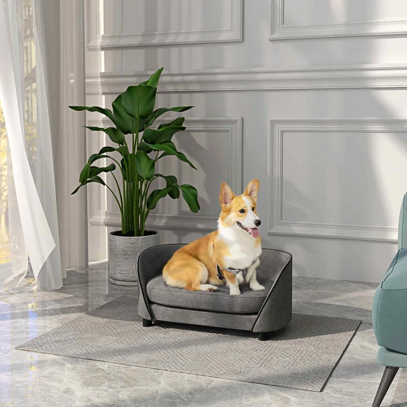 PawHut Pet Sofa Dog Couch for Small to Medium Sized Dogs with Soft Cushion, Removable Washable Cover, Velvet Touch, Grey