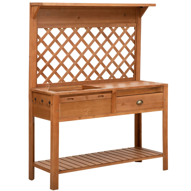 Outsunny Garden Potting Bench, Outdoor Wooden Workstation Table w/ Metal Screen, Drawer, Hooks, Storage Shelf, and Lattice Back for Patio, Backyard and Porch