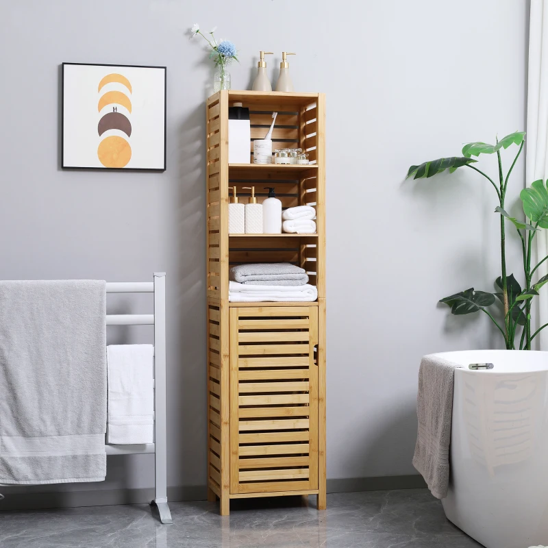 kleankin Tall Bathroom Storage Cabinet with 3 Open Shelves, Slim Bamboo Linen Tower Freestanding Linen Towel with Slatted Door, Natural