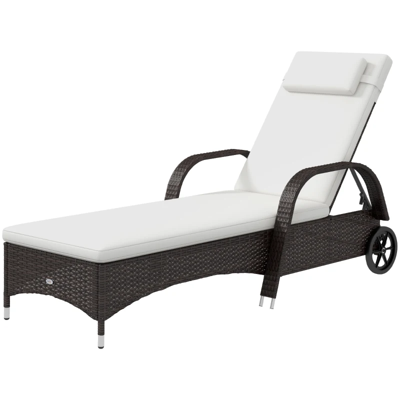 Outsunny Wicker Outdoor Chaise Lounge, 5-Level Adjustable Backrest PE Rattan Pool Lounge Chair with Wheels, Cushion & Headrest, Brown and Cream White